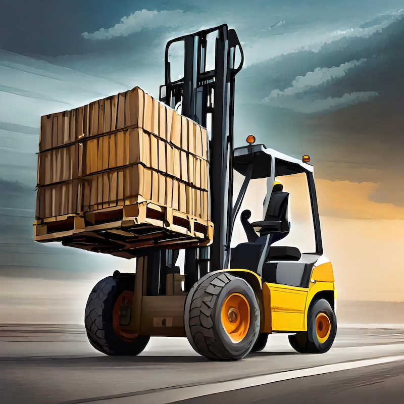 A yellow forklift carrying a wooden box on a pallet, with no driver inside, parked