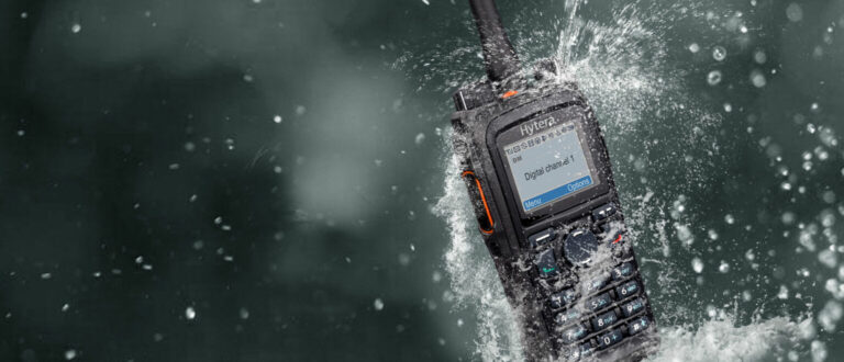 Water splashes off a Hytera radio.