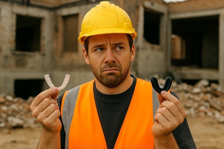 A puzzled demolition worker in safety gear holding a clear aligner in one hand and a mouthguard in the other, standing at a job site.