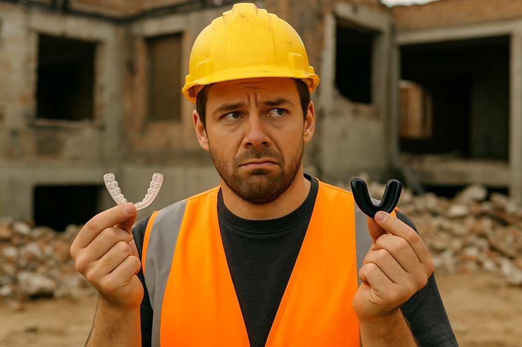 A puzzled demolition worker in safety gear holding a clear aligner in one hand and a mouthguard in the other, standing at a job site.