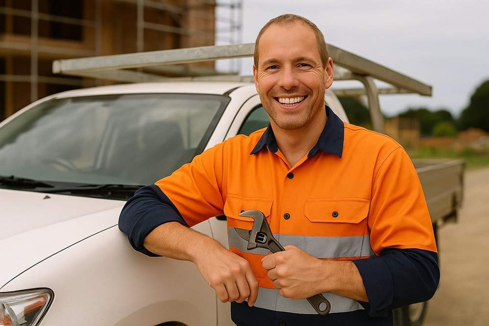 Smiling tradie in a high-vis orange work shirt holding a spanner, standing in front of a ute at a construction site.