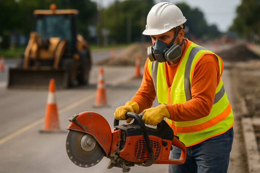 A road worker cutting asphalt with a power saw while wearing a respirator mask, high-vis vest, and hard hat on an active worksite.