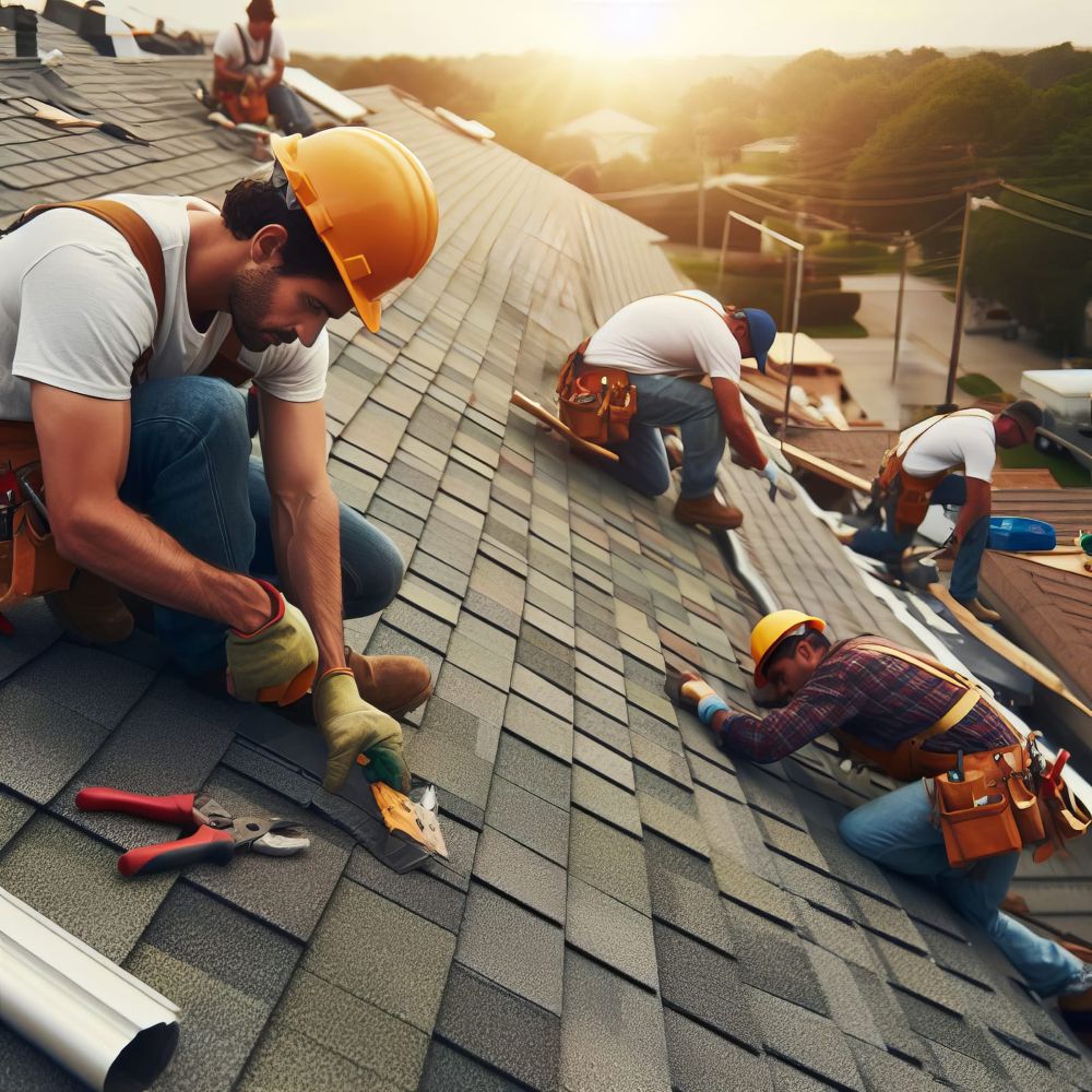 group of men replacing a tiled roof