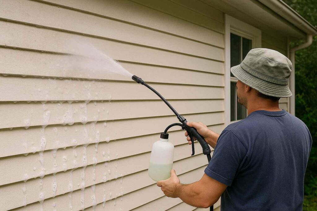 A cleaner soft washing a weatherboard home exterior with low-pressure sprayer to prevent moisture damage and preserve paint.