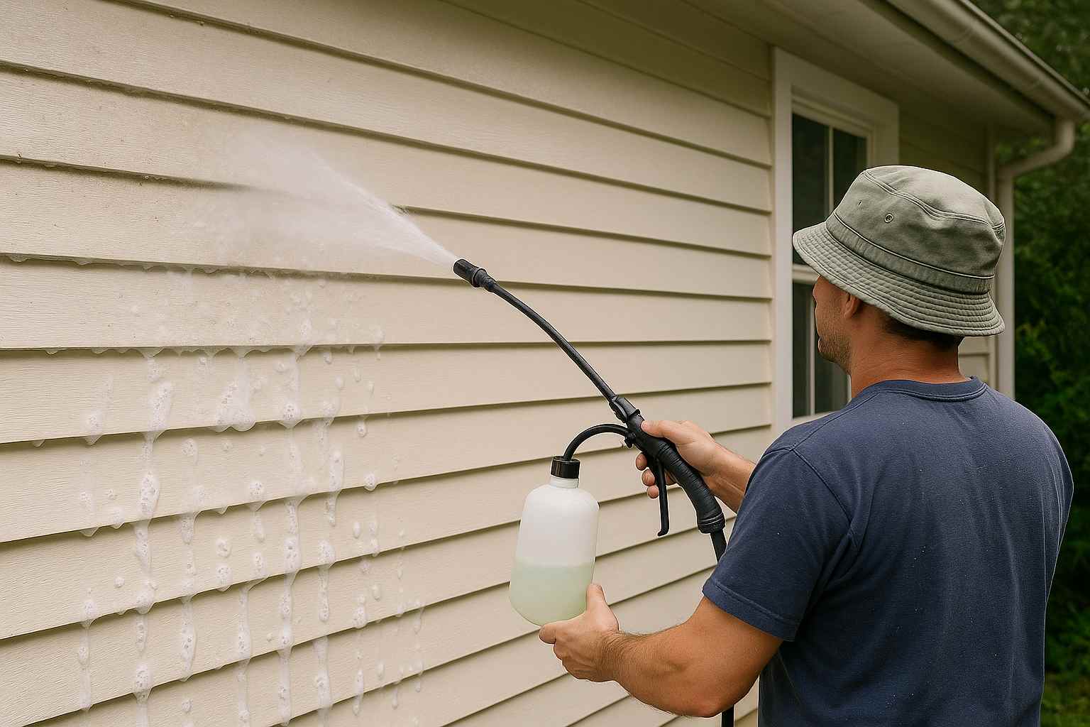 A cleaner soft washing a weatherboard home exterior with low-pressure sprayer to prevent moisture damage and preserve paint.