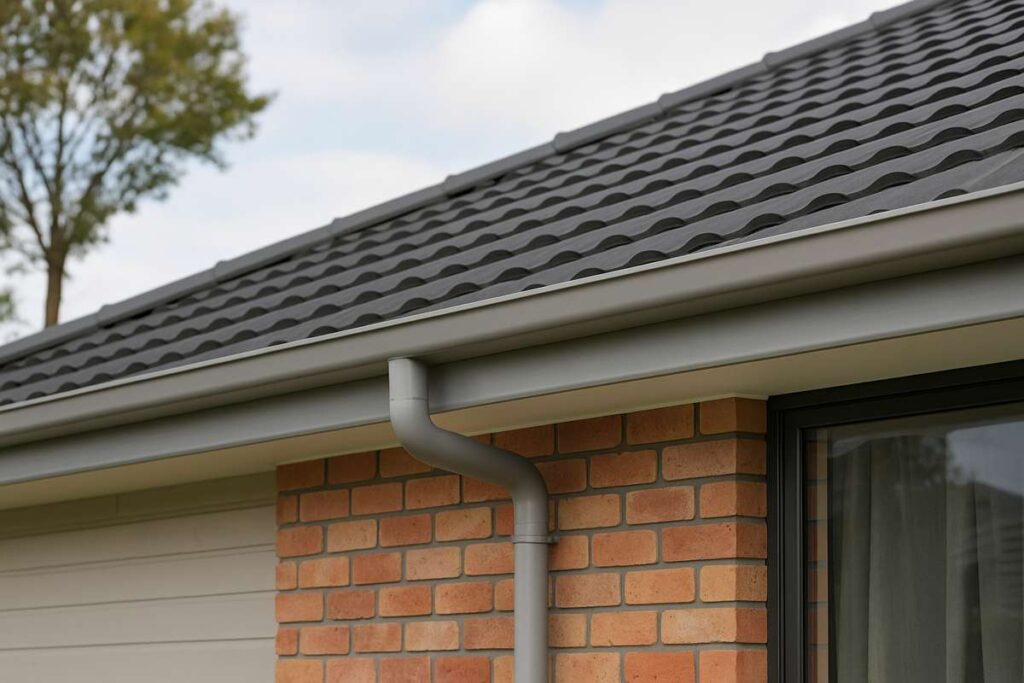 Continuous spouting on a modern brick home, showing durable grey guttering and roofing designed for heavy rainfall.