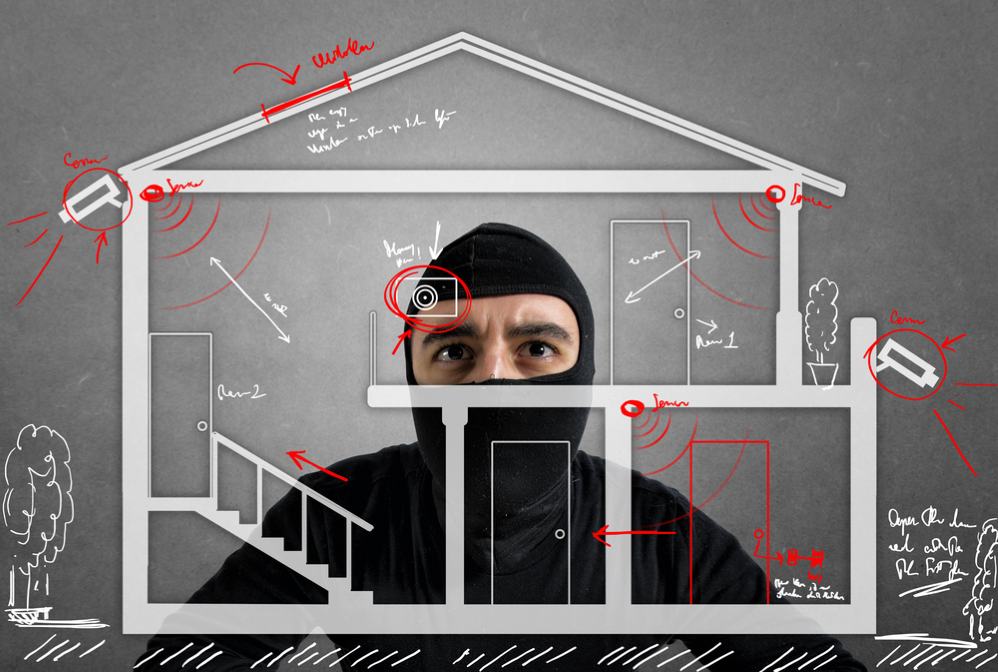 A burglar planning a break-in, highlighting blind spots in home alarm coverage in a security system illustration.