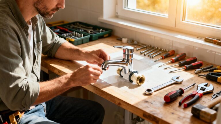 Homeowner performing maintenance tasks in a bright, clean home.