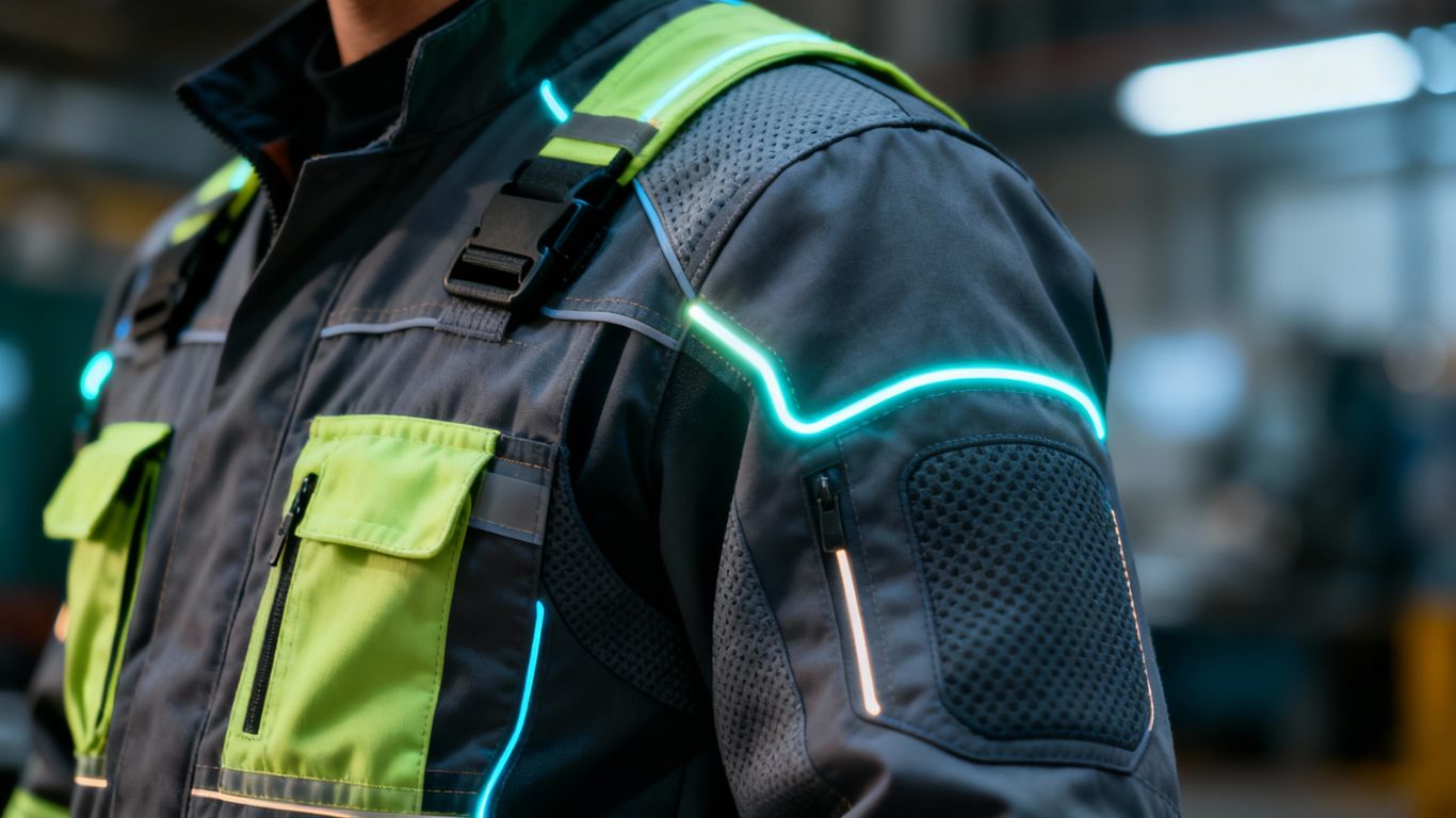 Futuristic workwear with integrated glow, 2026 innovations.
