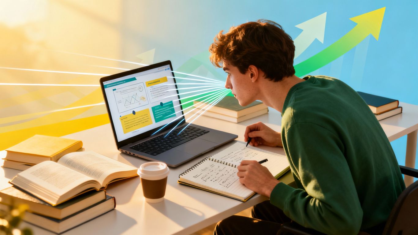 Person learning on a laptop, looking towards the future.