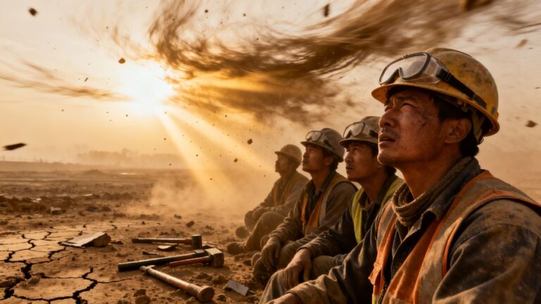 Tradespeople facing environmental challenges in a harsh climate.