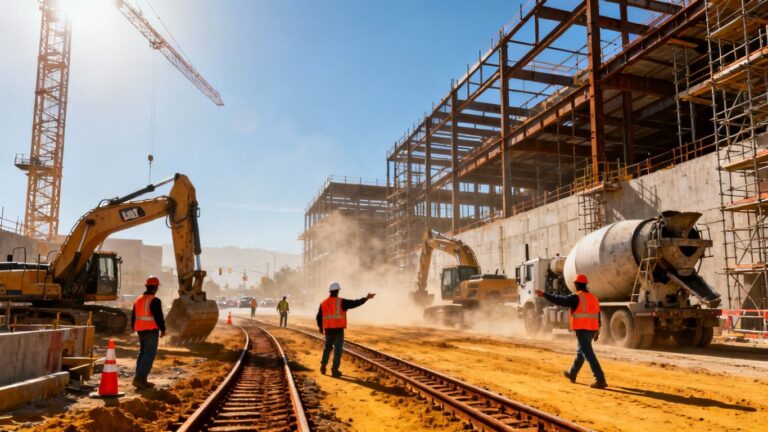 Construction site with machinery and unfinished buildings.