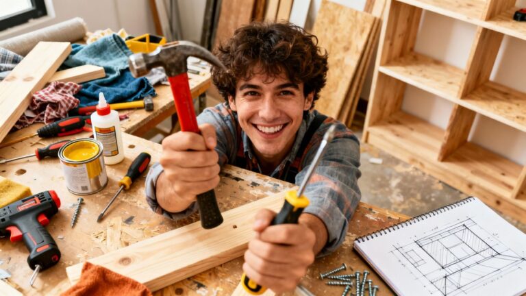 Person actively engaged in a DIY project, tools scattered around.