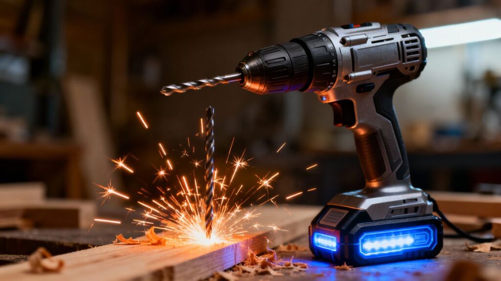 Cordless drill with advanced battery, cutting wood.
