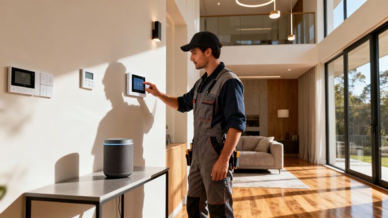 Tradie using smart home tech in a modern house.