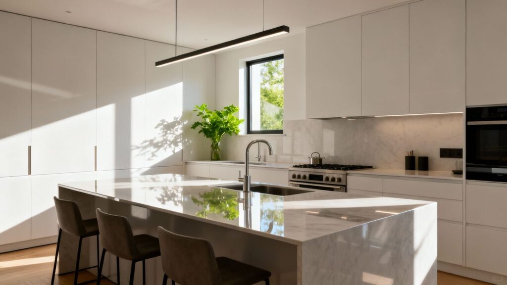 Modern kitchen interior with sleek cabinetry and natural light.