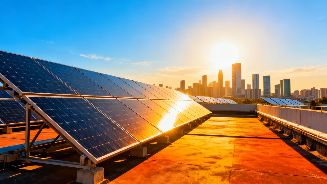 Solar panels on a rooftop with a city skyline.