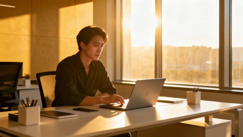 Person working efficiently at a modern desk in a bright office.