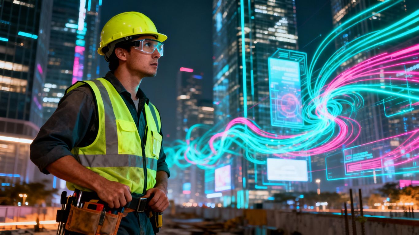 Worker in hard hat surveys futuristic cityscape, potential hazards loom.