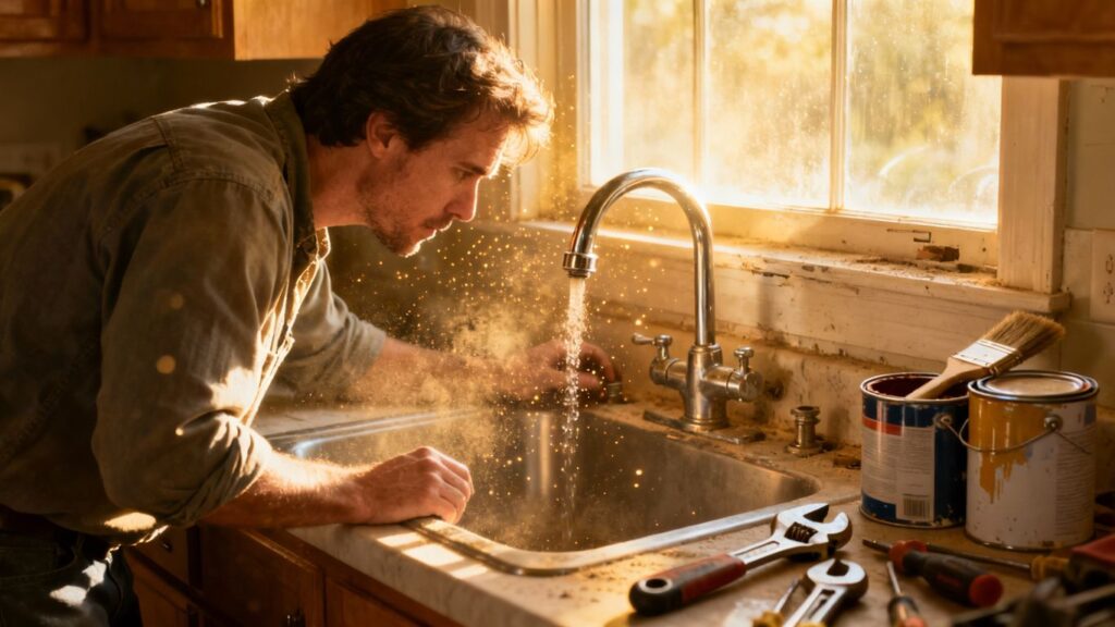 Homeowner fixing a kitchen sink with tools nearby.