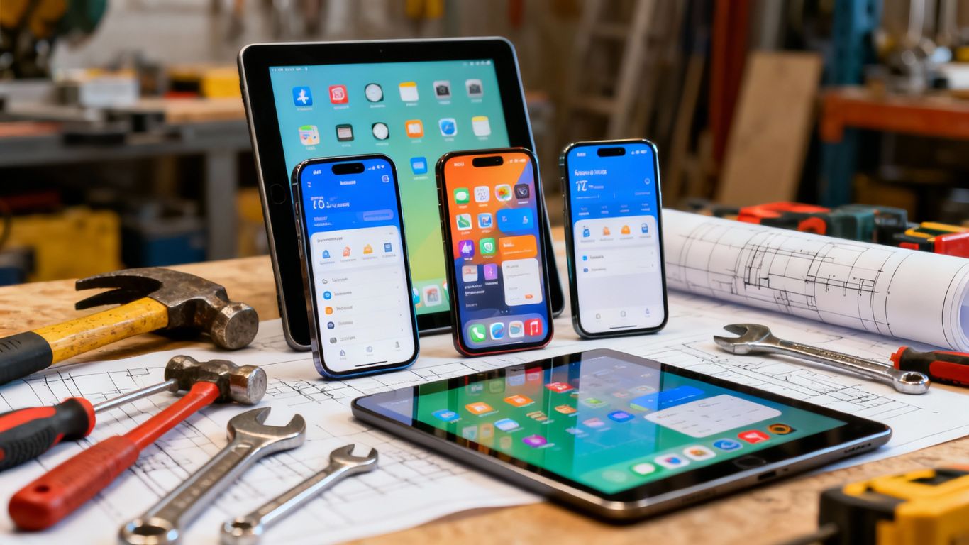 Smartphones and tools for tradie apps.