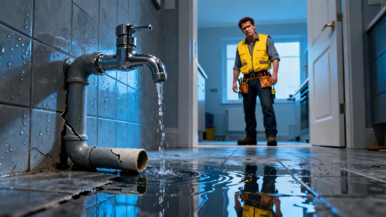 Plumber fixing a leaking pipe in a modern bathroom.