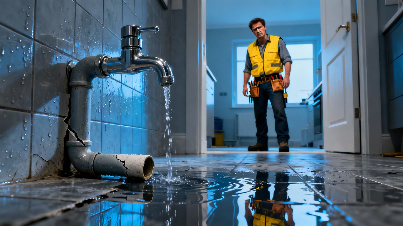 Plumber fixing a leaking pipe in a modern bathroom.