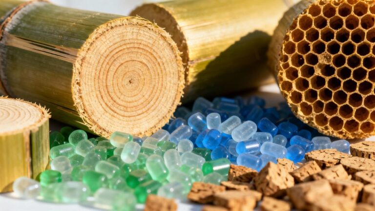 Sustainable materials like bamboo, plastic, and cork.