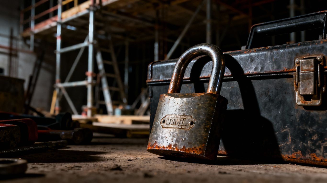 Locked toolbox preventing tool theft on a construction site.