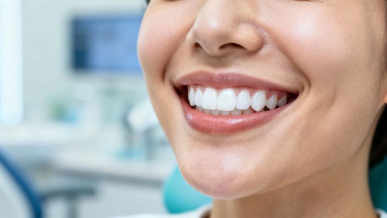 A healthy, white smile with a dental clinic background.