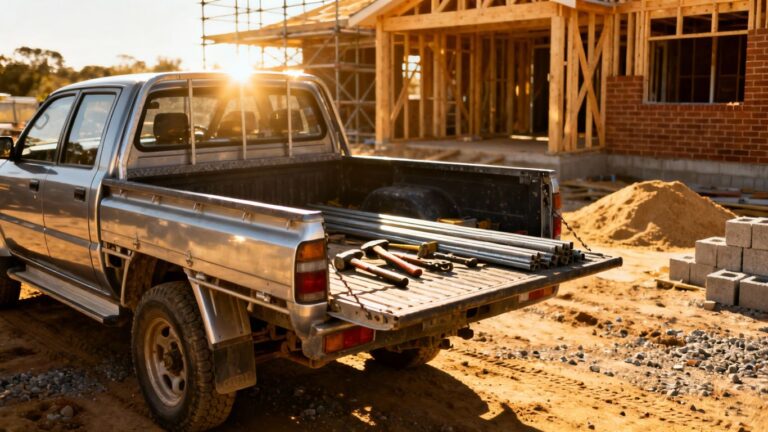 Ute on a building site with tools.
