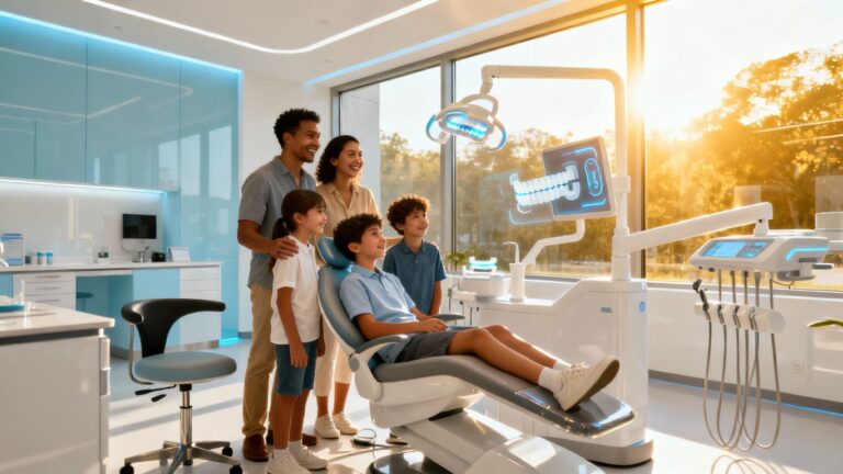 Family smiling with modern orthodontic treatments.