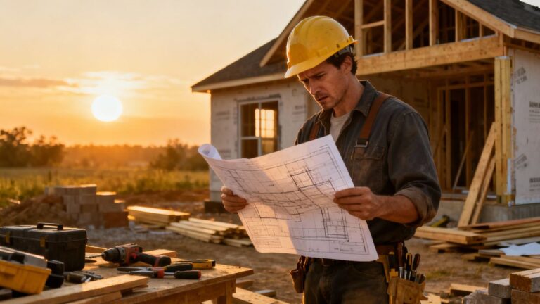 Builder with blueprint, worried expression, construction site.