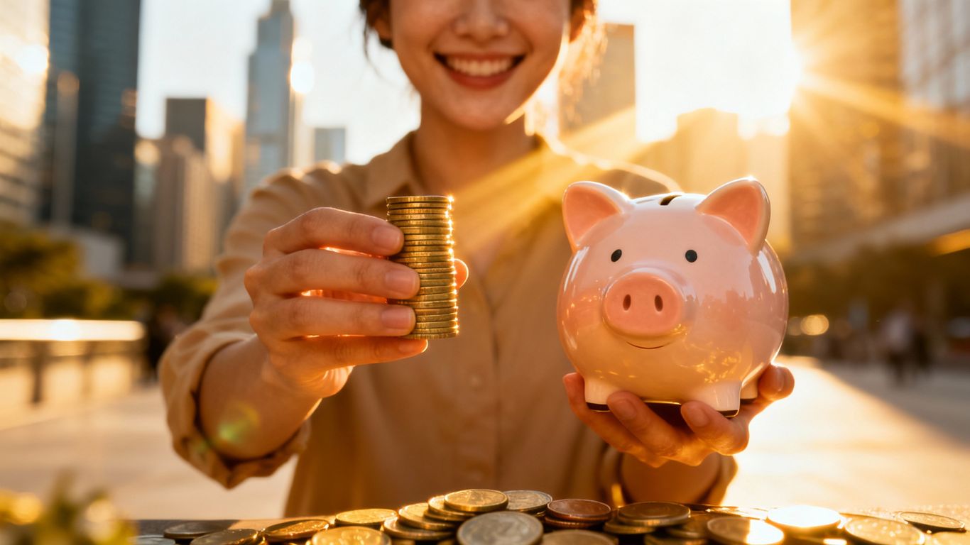 Person holding coins and piggy bank, city background.