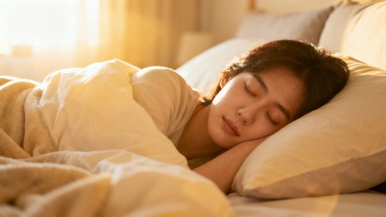 Person sleeping peacefully in a comfortable bed.