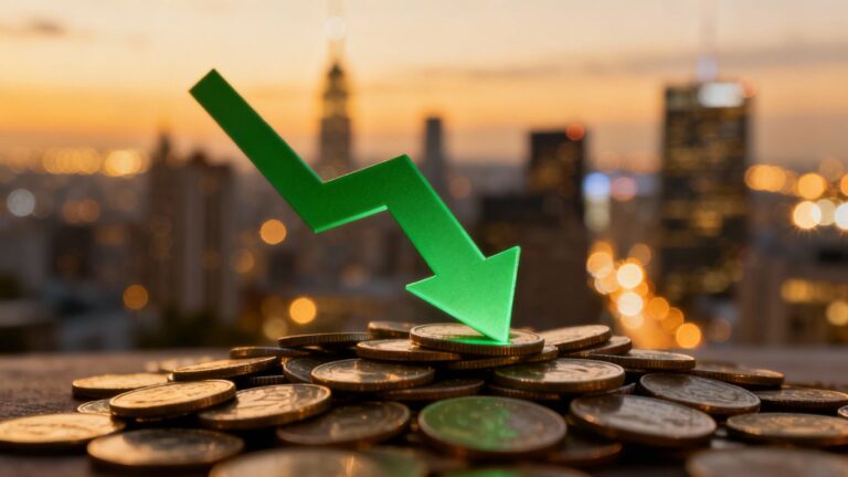 Downward arrow over coins, financial district background.