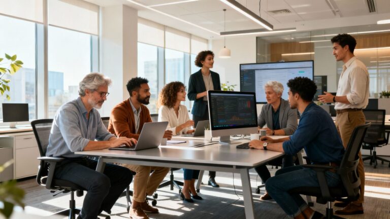 Small business owners using advanced tech tools.