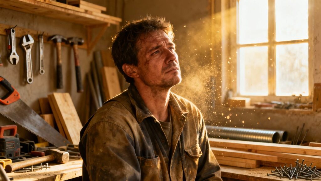 Tired tradesperson in a workshop, needing a break.