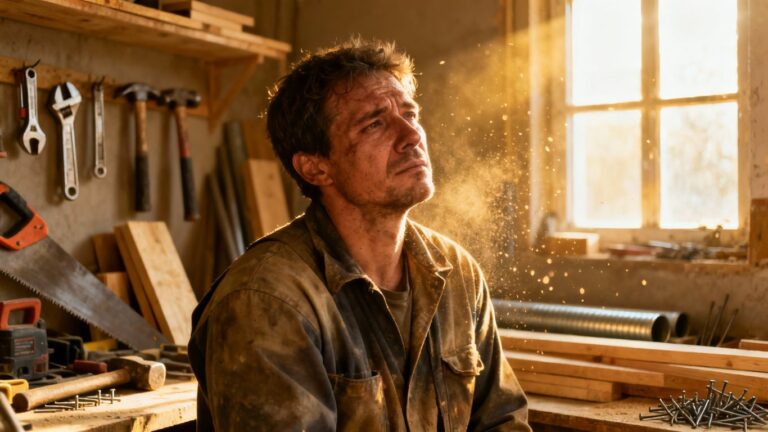 Tired tradesperson in a workshop, needing a break.