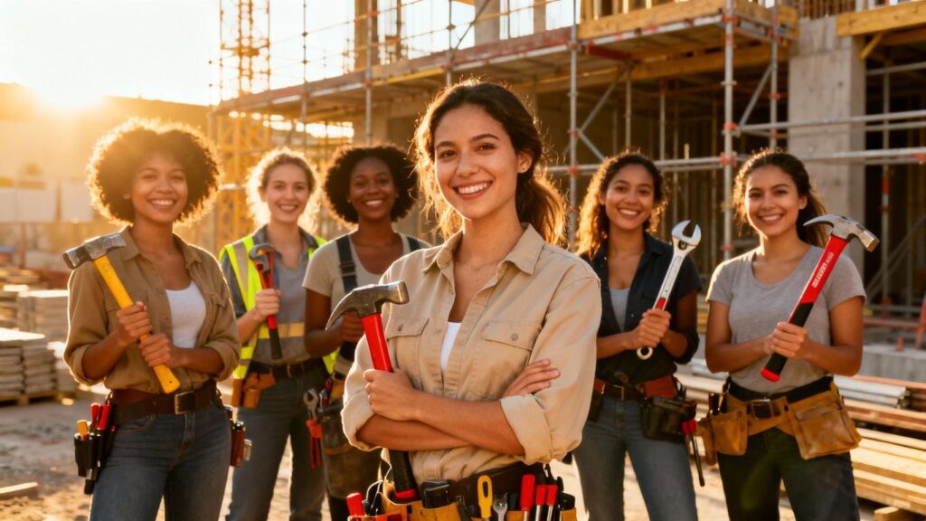 Women in construction and trade professions working together.