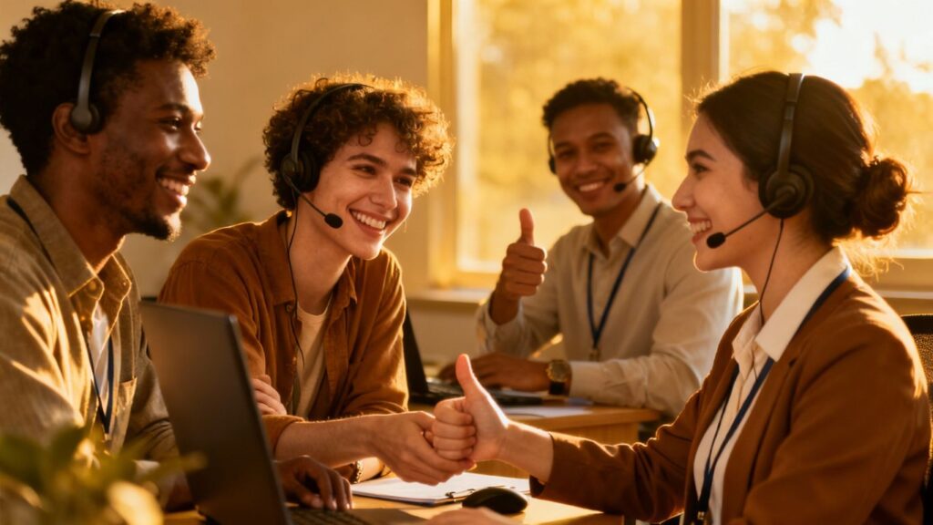 Customer service representatives assisting happy customers.