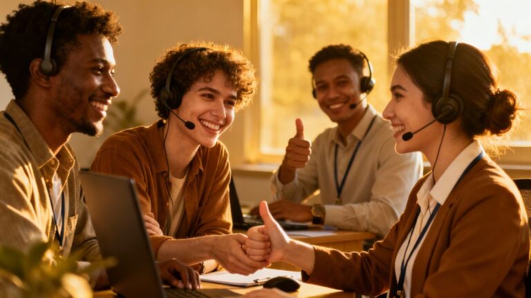 Customer service representatives assisting happy customers.