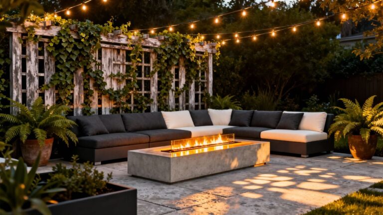 Stylish outdoor patio with fire pit and comfortable seating.