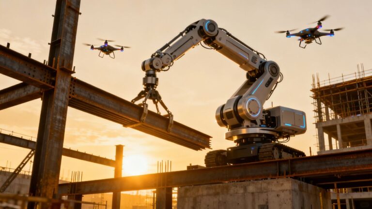 Robots and drones on a futuristic construction site.