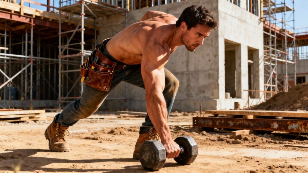 Fit tradie lifting weights at a construction site.