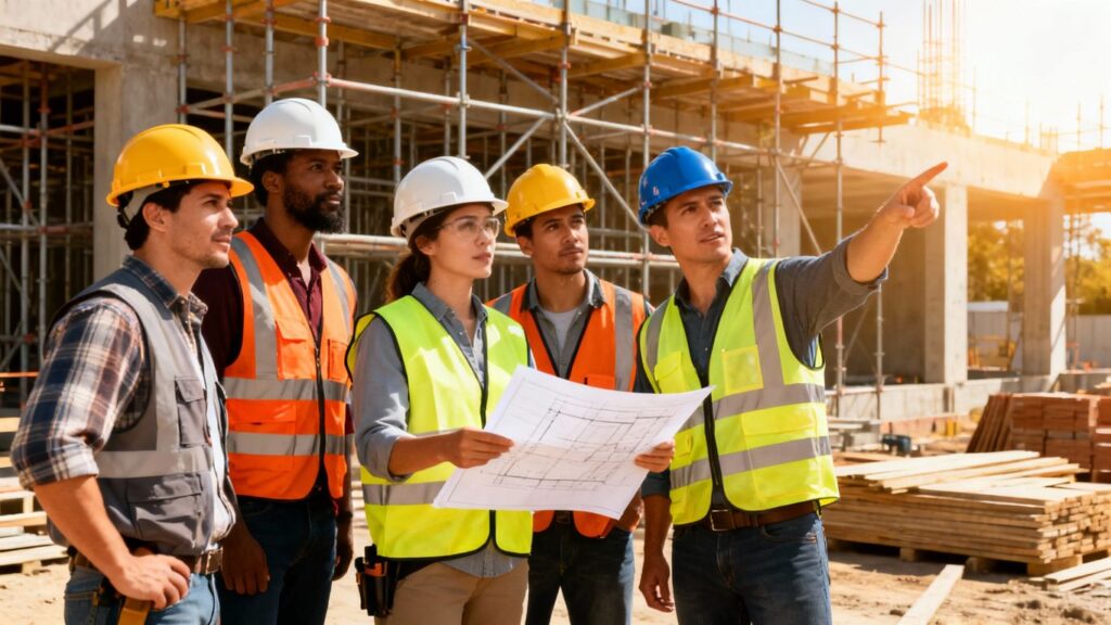 Workers on a construction site discussing safety standards.