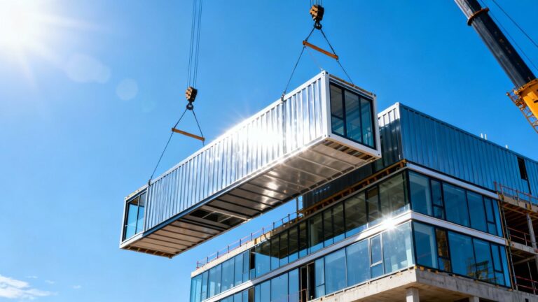 Modular building construction with cranes lifting sections.