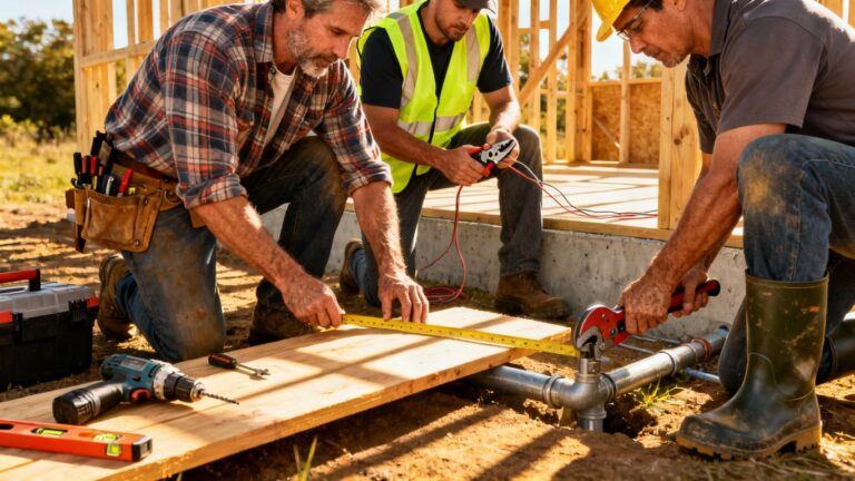 Tradies working outdoors with tools.